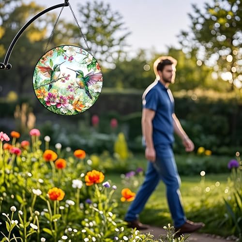 Voyakolo Hummingbird Stained Glass Suncatcher - 8 Inch Round Handmade Decor