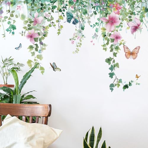 Flower Vine Wall Decals Green Leaves Butterfly Plant Decor