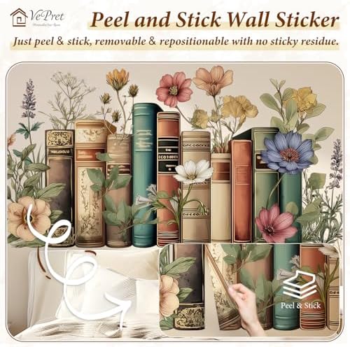 Large Flowers Books Wall Decals Peel and Stick
