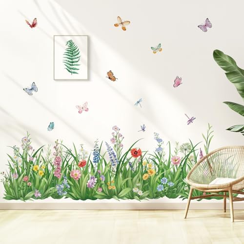 Wondever Green Grass Wall Decals with Flowers and Butterflies
