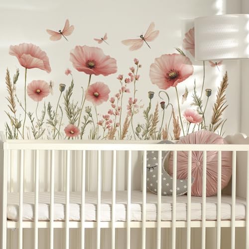 Watercolor Pink Flower Dragonfly Wall Sticker Botanical Design