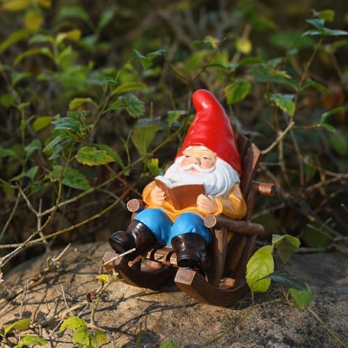 Garden Gnome Reading in Rocking Chair Resin Outdoor Statue