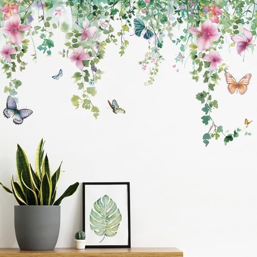 Flower Vine Wall Decals Green Leaves Butterfly Plant Decor