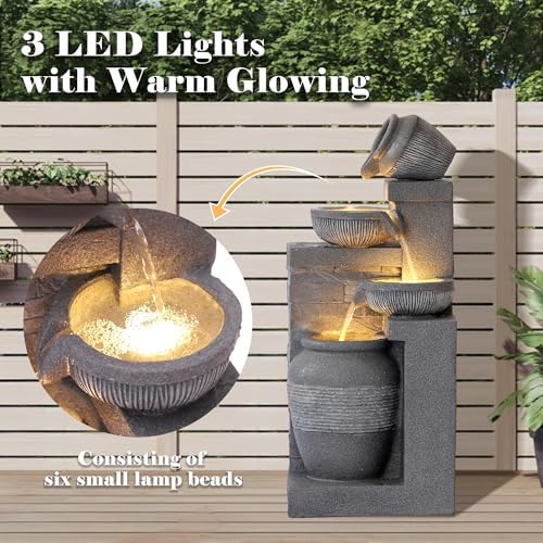 32 Modern Freestanding Garden Fountain with 4 Bowls and LEDs