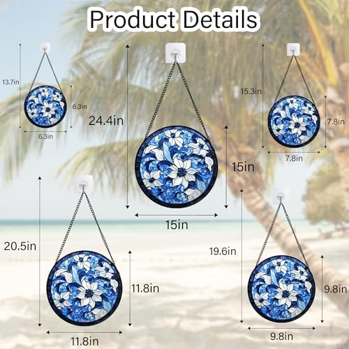 Stained Glass Window Hanging Blue White Flowers Suncatcher 63 In