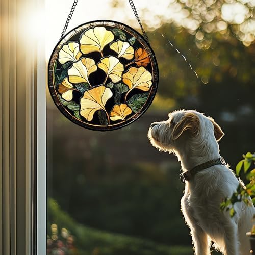 Stained Glass Window Hanging - Ginkgo Leaf Suncatcher 98 Inches