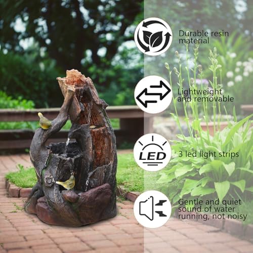 Tree Trunk Waterfall Fountain with LED Lights and Playing Birds