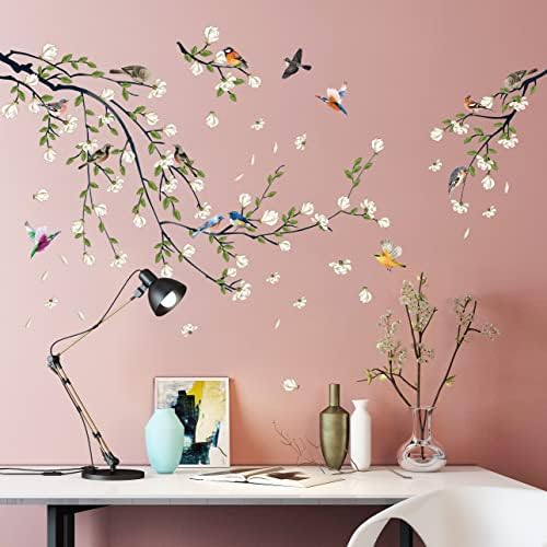 Green Vine Wall Decal with White Flowers and Birds