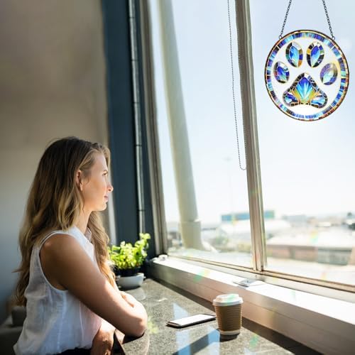 Tufeu Paw Print Stained Glass Suncatcher - 8 Inch Window Hanging for Dogs