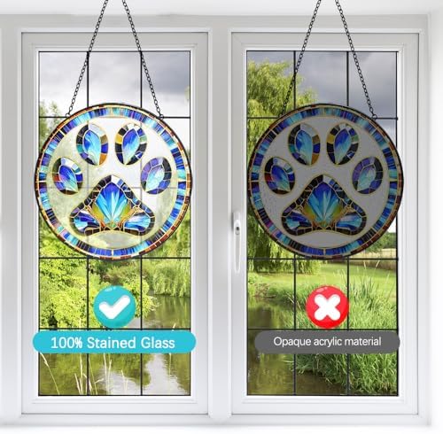 Tufeu Paw Print Stained Glass Suncatcher - 8 Inch Window Hanging for Dogs