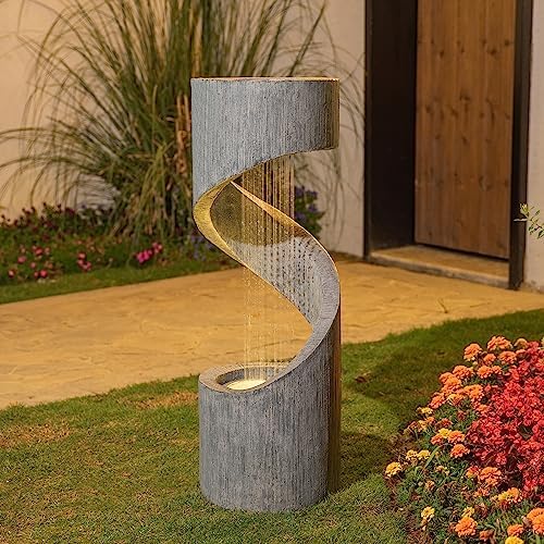 Glitzhome Tiered Outdoor Water Fountain with LED Light and Stone Planter