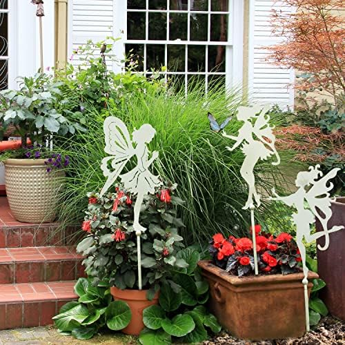 Sungmor 3PC Shabby Chic White Metal Fairy Garden Stakes