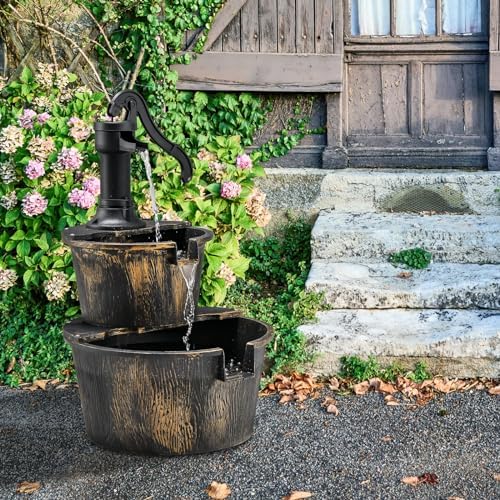 Happygrill 2-Tier Barrel Water Fountain with Electric Pump