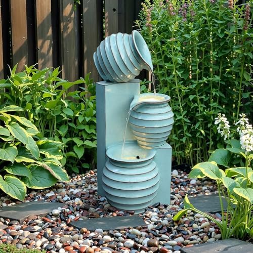 LuxenHome 30 Inch Tall Aqua Blue Water Fountain with LED Lights
