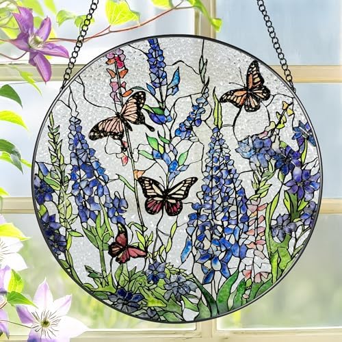 Lavender Monarch Butterfly Stained Glass Suncatcher 8 Inch