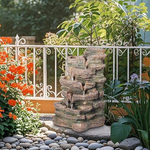 Biling 5-Tier Rock Water Fountain with LED Lights and Artificial Fern