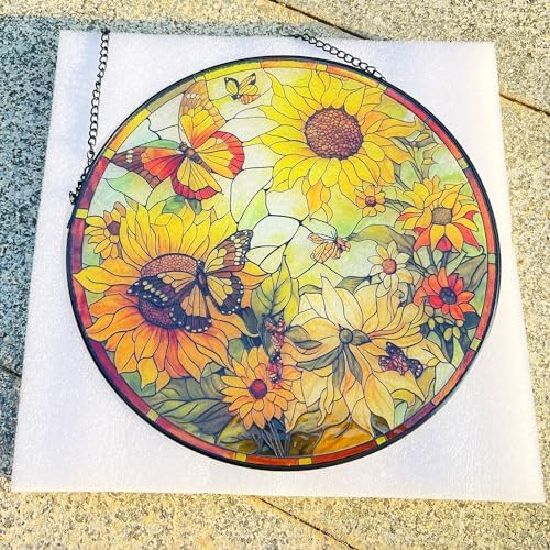 RIVEENY Sunflower Stained Glass Window Hanging 10x10