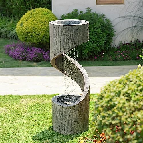 Glitzhome Tiered Outdoor Water Fountain with LED Light and Stone Planter