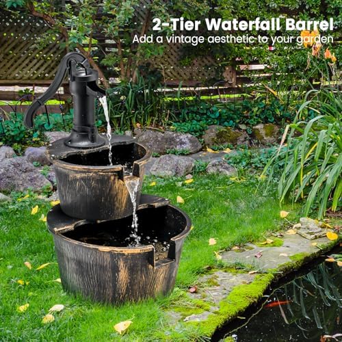 Happygrill 2-Tier Barrel Water Fountain with Electric Pump