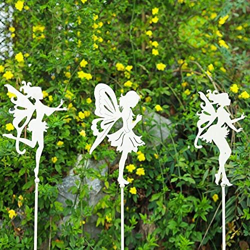 Sungmor 3PC Shabby Chic White Metal Fairy Garden Stakes