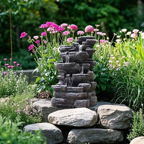 Biling 5-Tier Rock Water Fountain with LED Lights and Artificial Fern 1