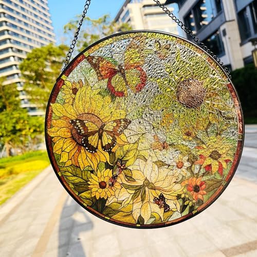RIVEENY Sunflower Stained Glass Window Hanging 10x10