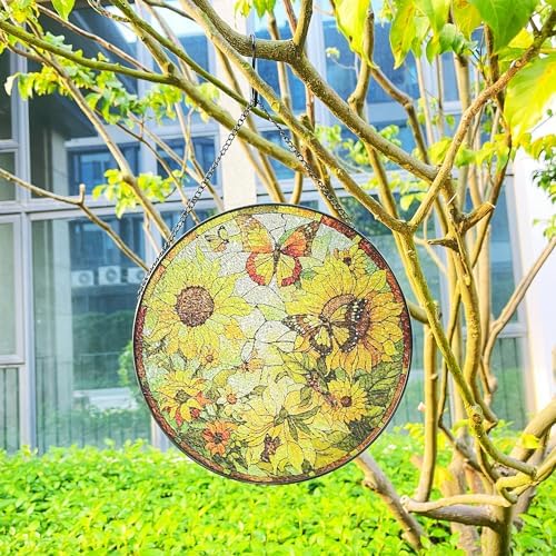 RIVEENY Sunflower Stained Glass Window Hanging 10x10
