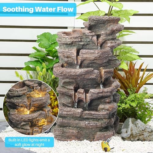Biling 5-Tier Rock Water Fountain with LED Lights and Artificial Fern