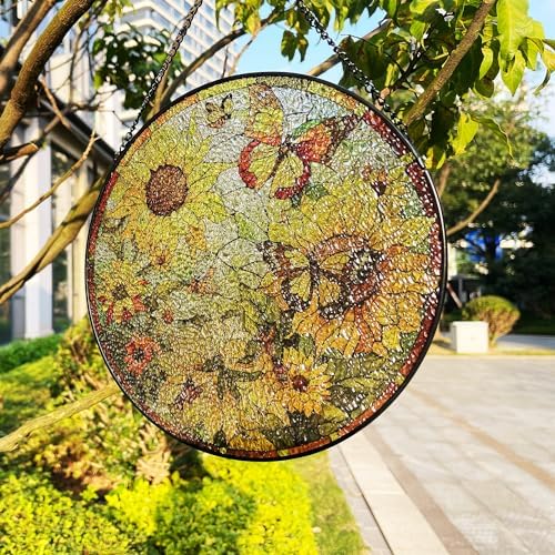 RIVEENY Sunflower Stained Glass Window Hanging 10x10