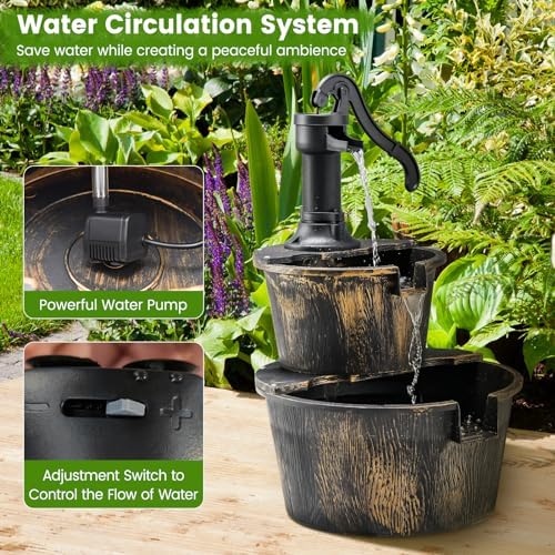 Happygrill 2-Tier Barrel Water Fountain with Electric Pump