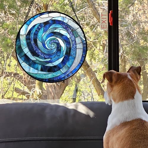 Blue Abstract Swirl Stained Glass Suncatcher Hanging for Windows